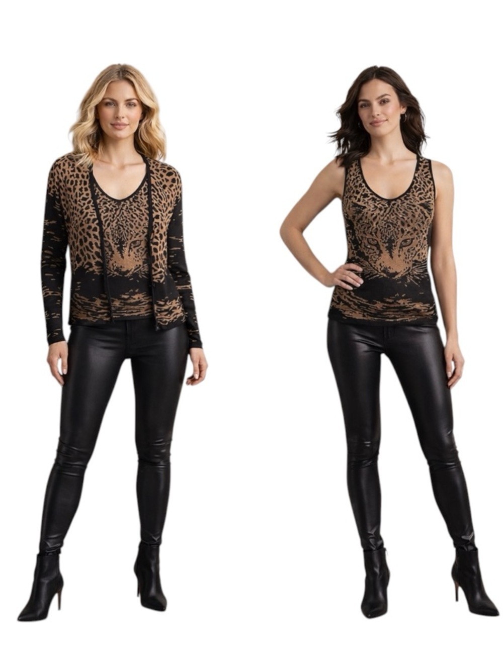 Vintage Escada Leopard Twin Set Women’s Small Rhinestone Sparkle Tank + Cardigan